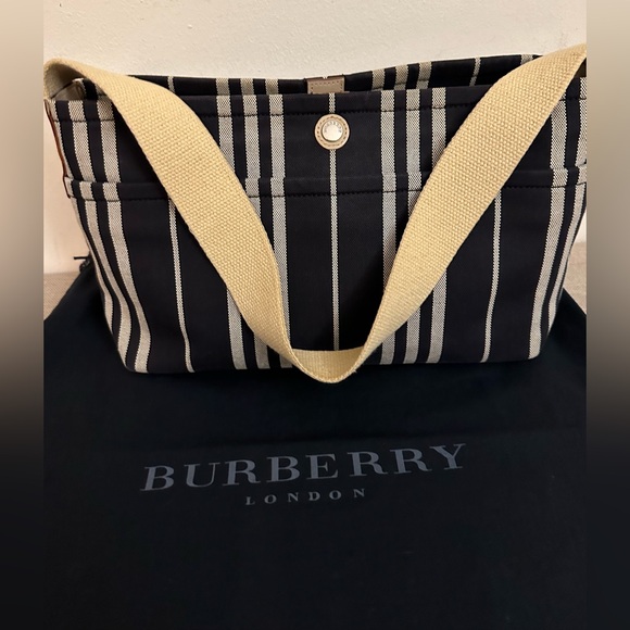 Burberry Logo Striped Canvas Tote Bag Navy Ivory with Burberry Dustbag - Picture 2 of 7